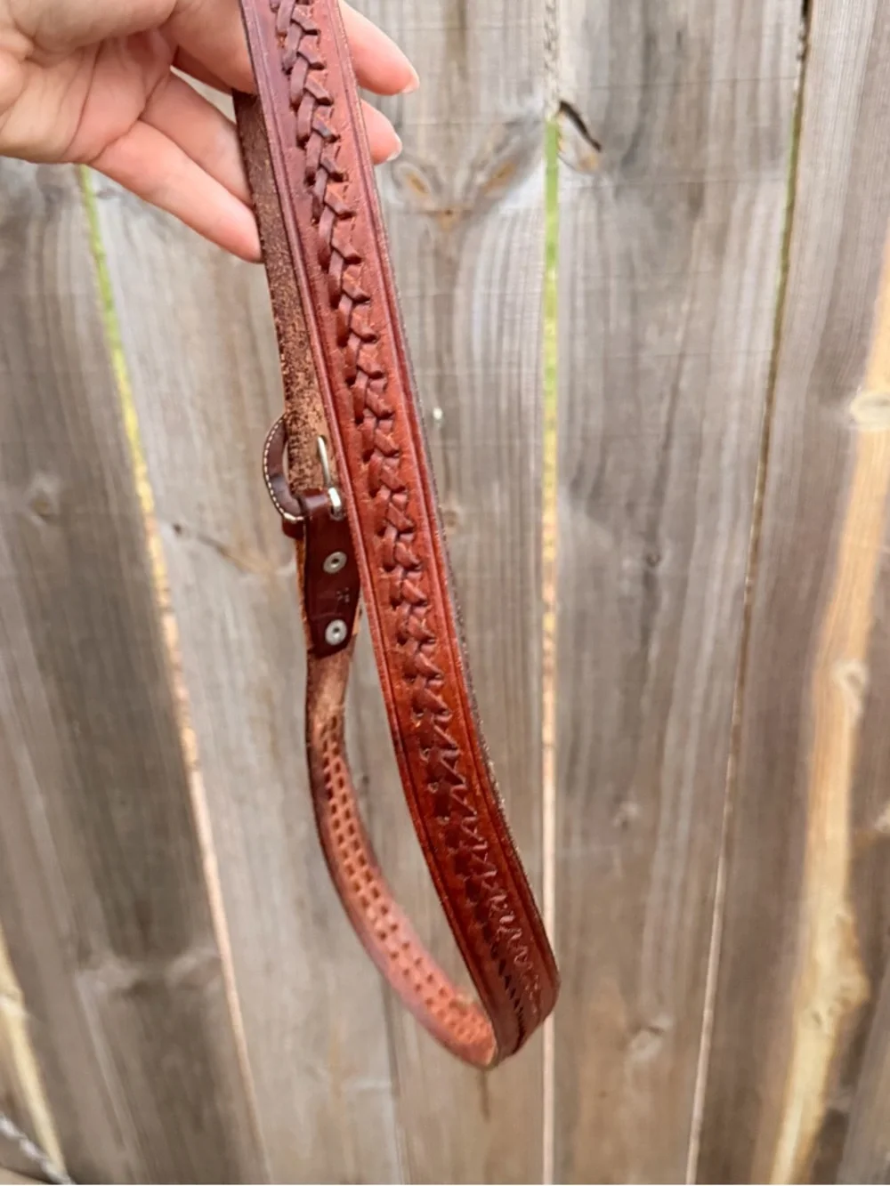 Vintage Tooled Brown Leather Belt with Decorative Stitching Size 38